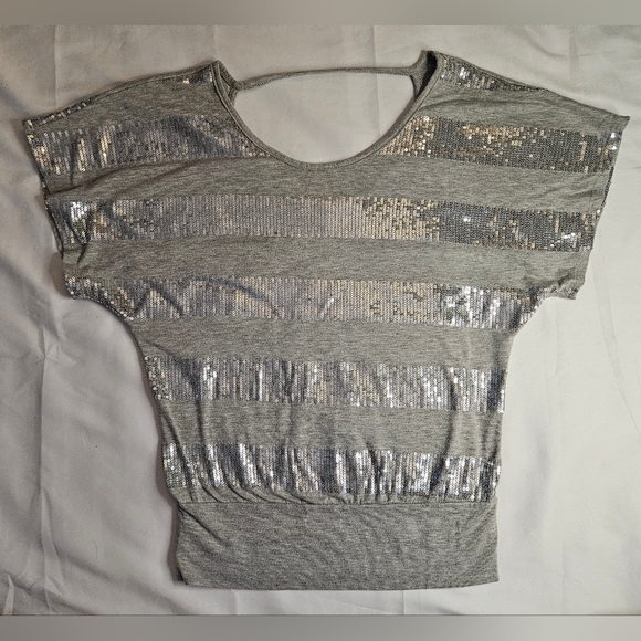 MM Womens Gray And Silver Sequined Striped Short Sleeve Top Size Small - Picture 1 of 8